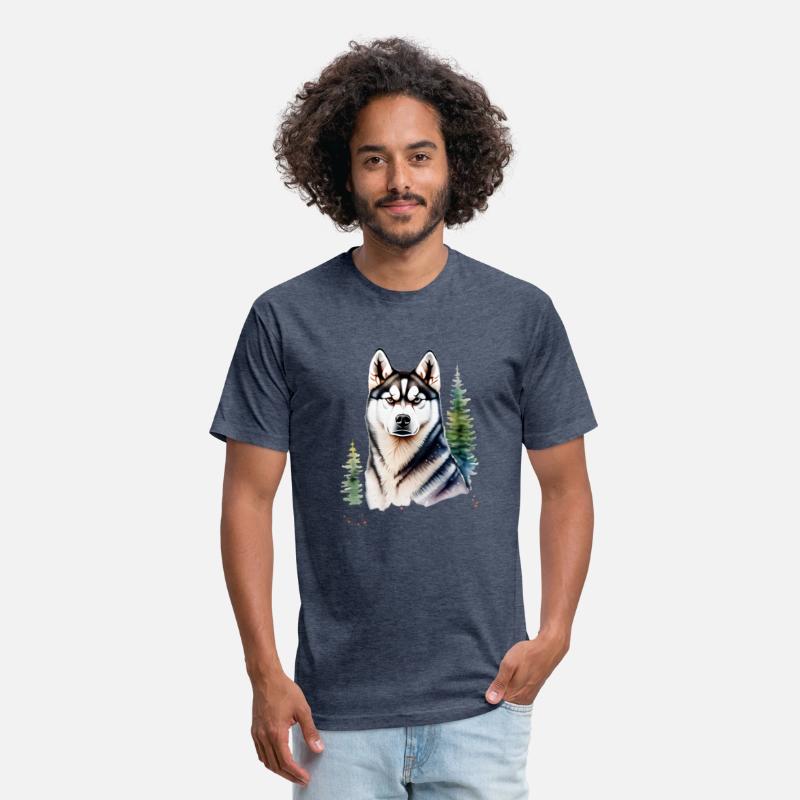 Beautiful Husky With Evergreen Trees Watercolor