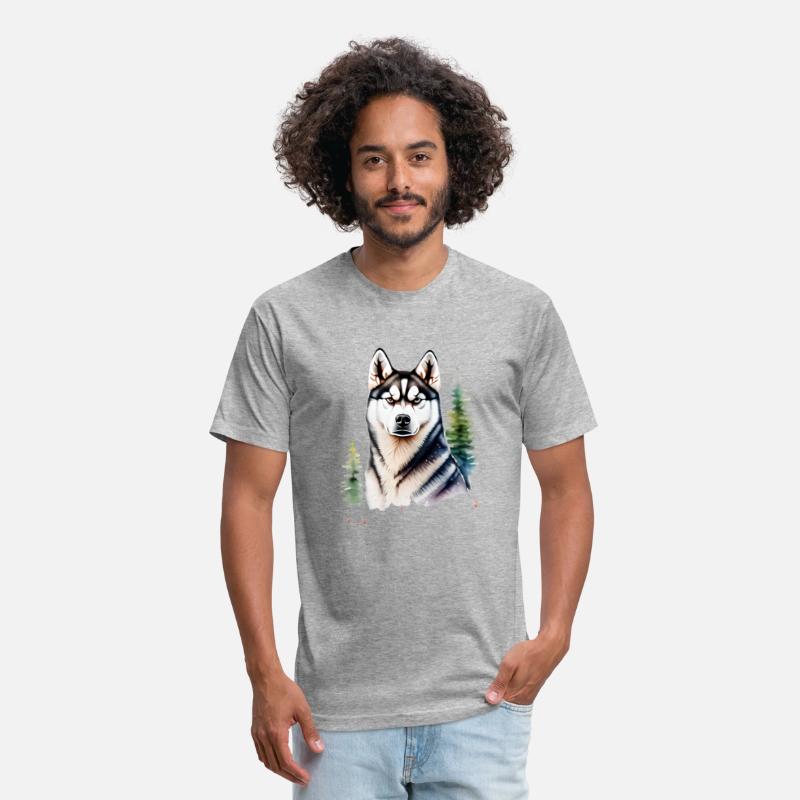 Beautiful Husky With Evergreen Trees Watercolor