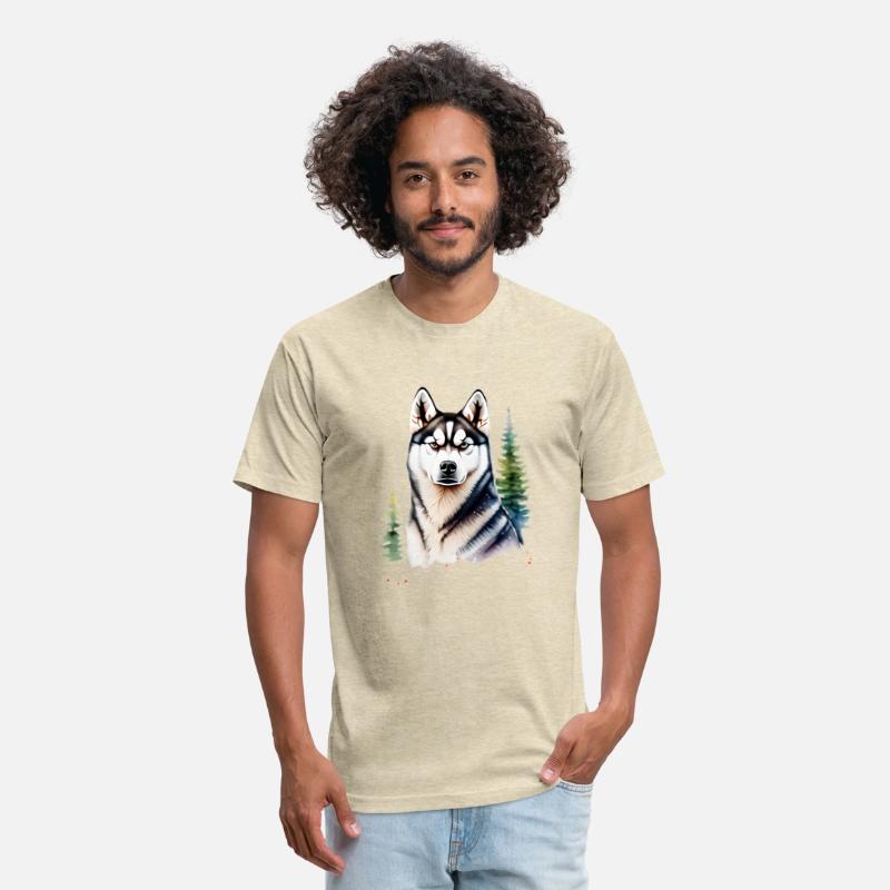 Beautiful Husky With Evergreen Trees Watercolor