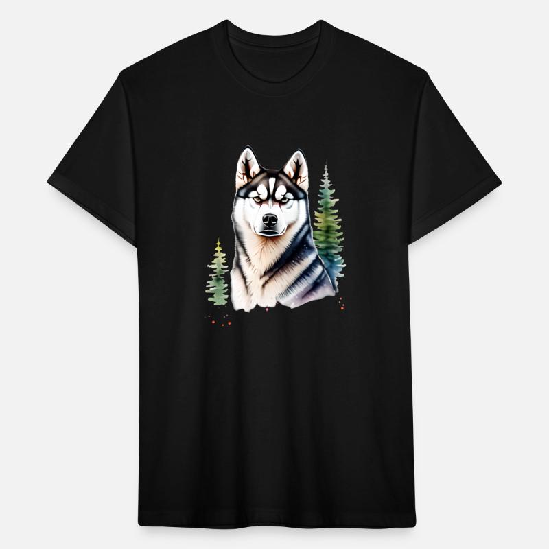 Beautiful Husky With Evergreen Trees Watercolor