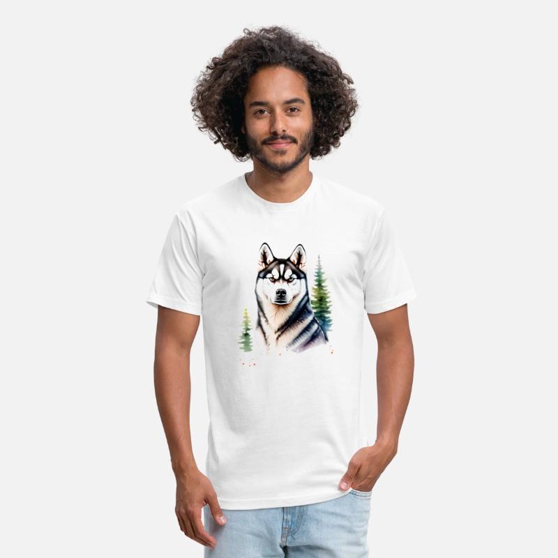 Beautiful Husky With Evergreen Trees Watercolor