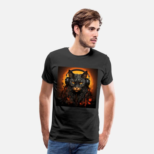 Black cat with earbuds listen to music