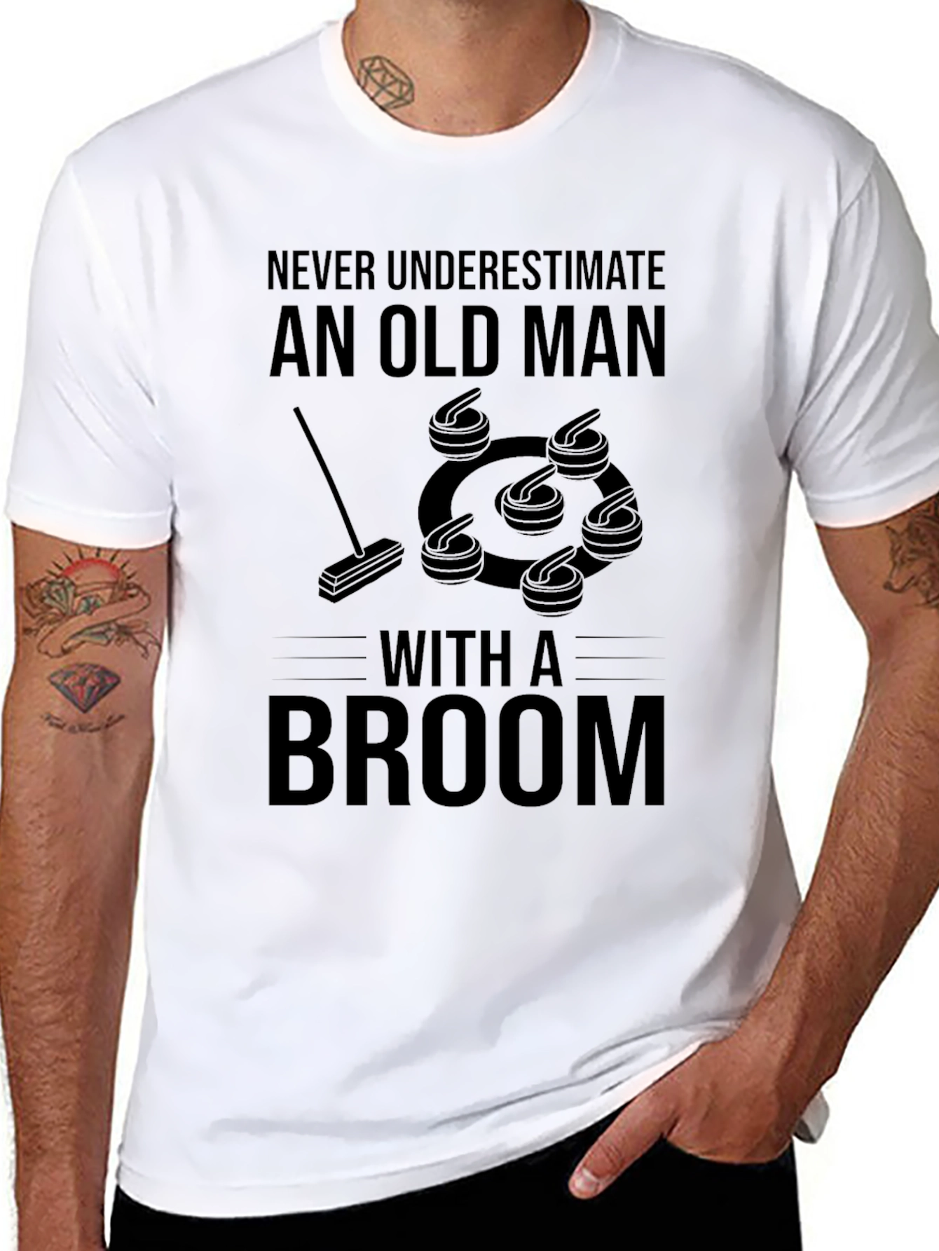 Never Underestimate Old Man with Broom Graphic Tee
