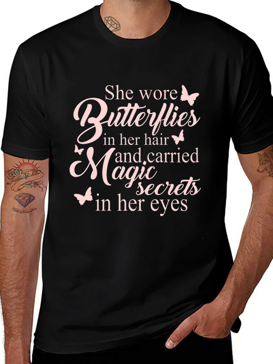 She Wore Butterflies Graphic Tee - Stylish Black T-Shirt