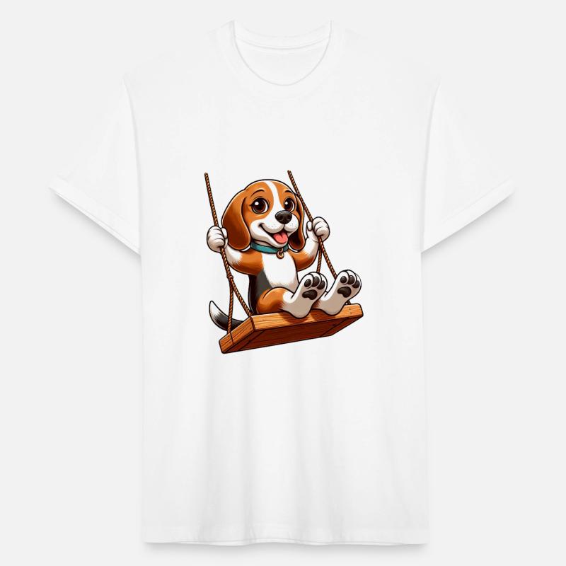Cheerful Beagle on swing playground dog