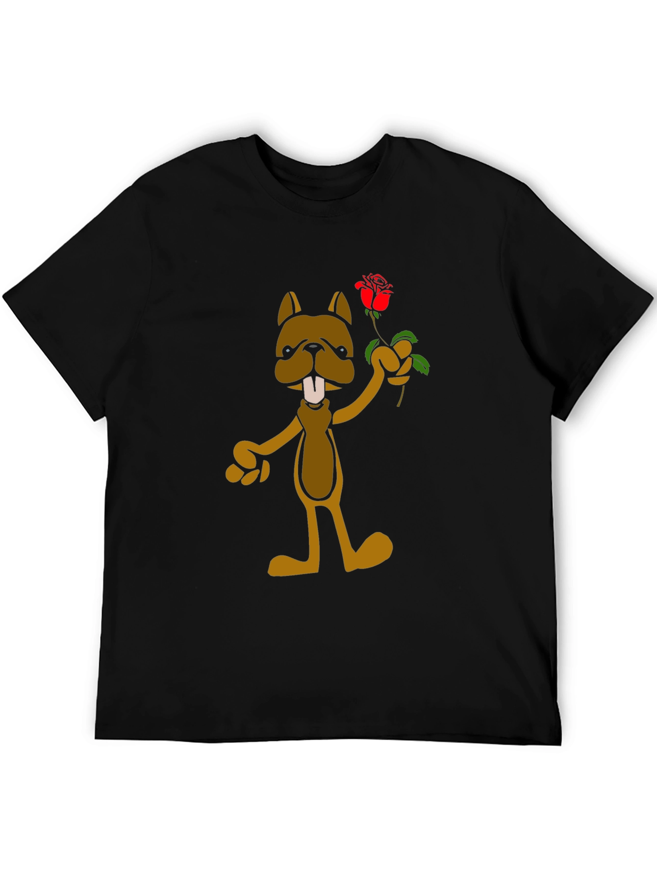 Cartoon Dog with Rose Graphic T-Shirt - Black