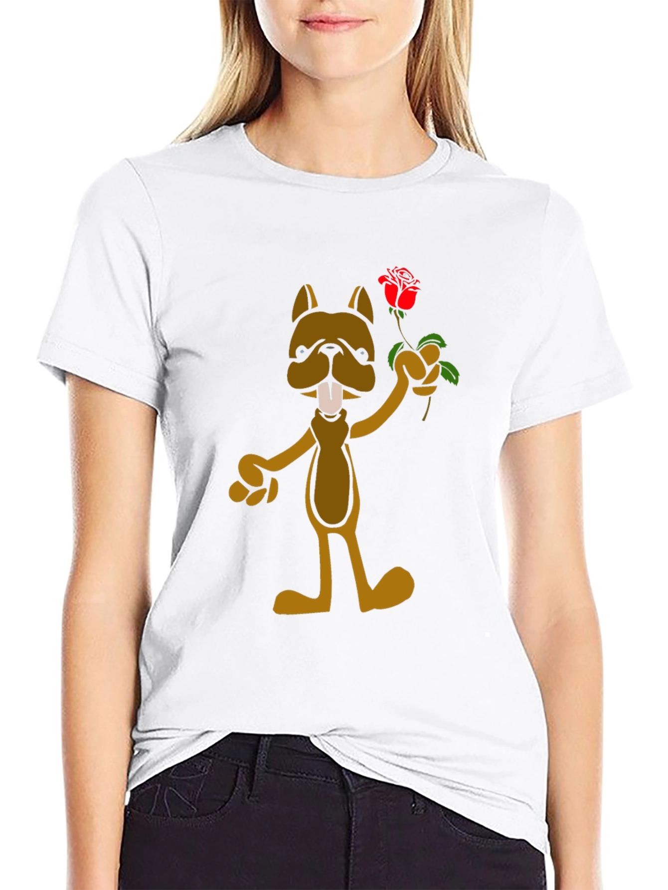 Cartoon Dog with Rose Graphic T-Shirt - Black