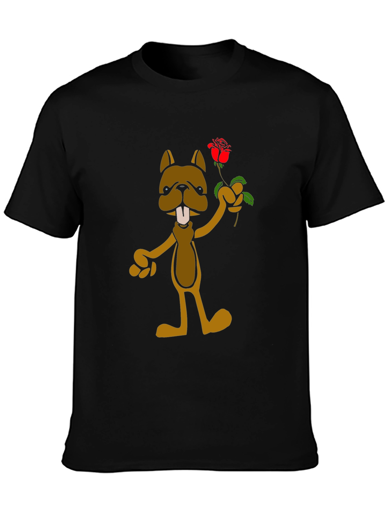 Cartoon Dog with Rose Graphic T-Shirt - Black
