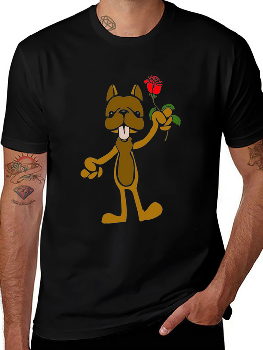 Cartoon Dog with Rose Graphic T-Shirt - Black