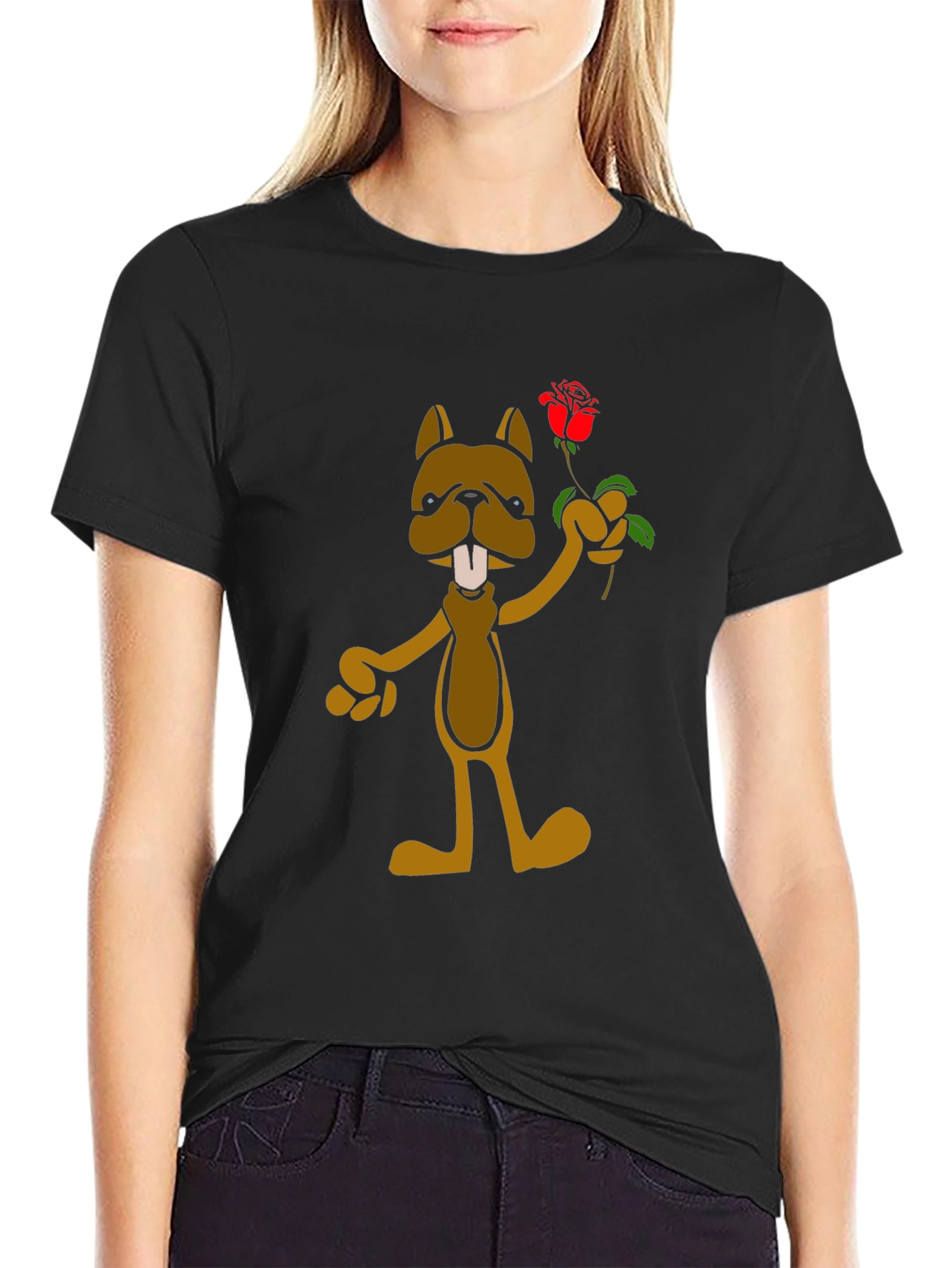 Cartoon Dog with Rose Graphic T-Shirt - Black