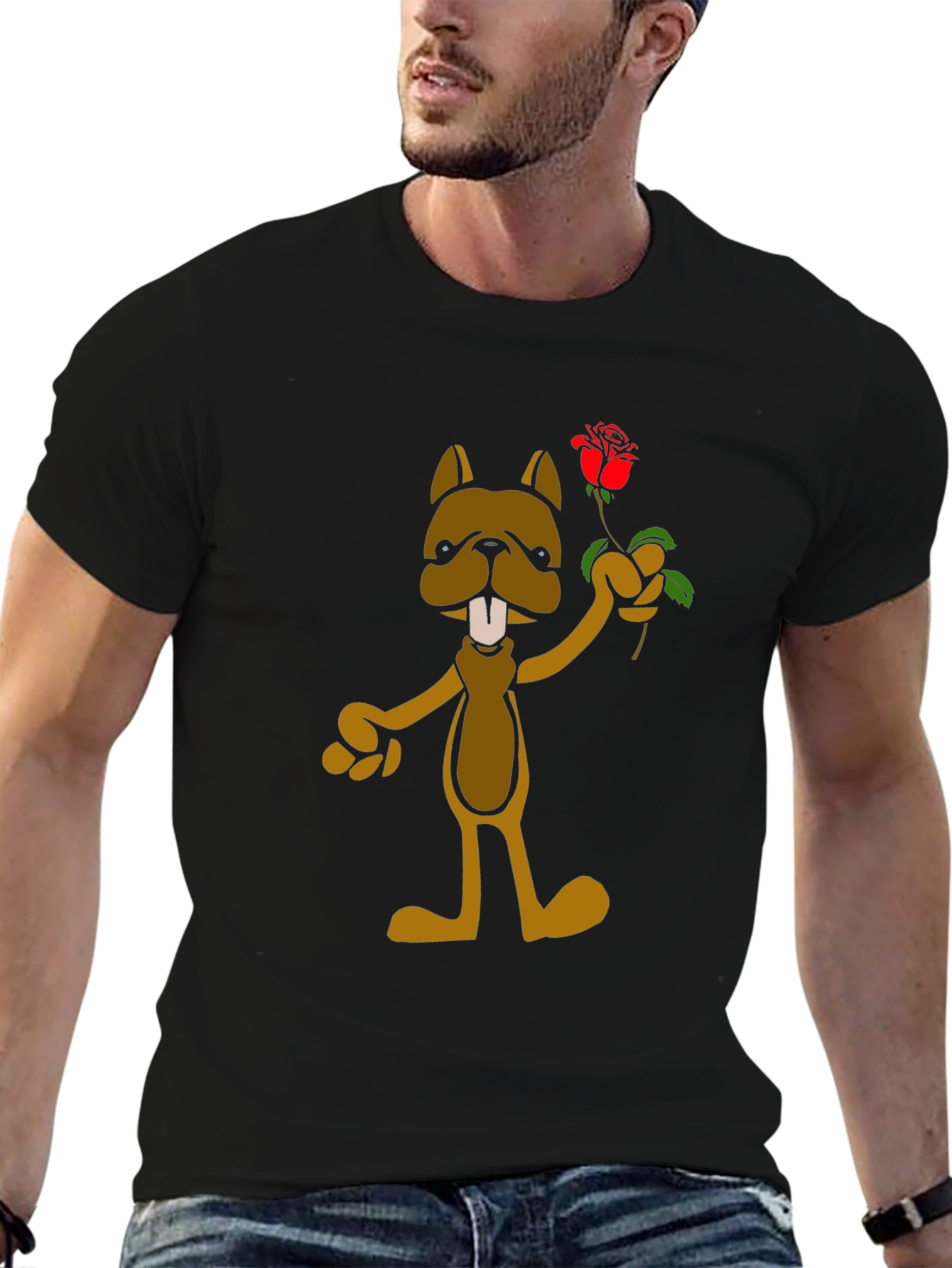 Cartoon Dog with Rose Graphic T-Shirt - Black