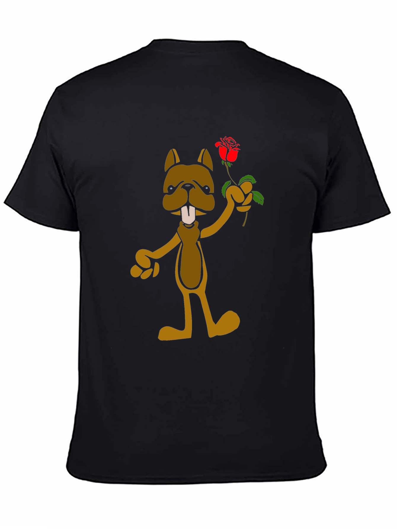 Cartoon Dog with Rose Graphic T-Shirt - Black