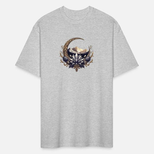 Crescent moon in gold, with crystals and mountains
