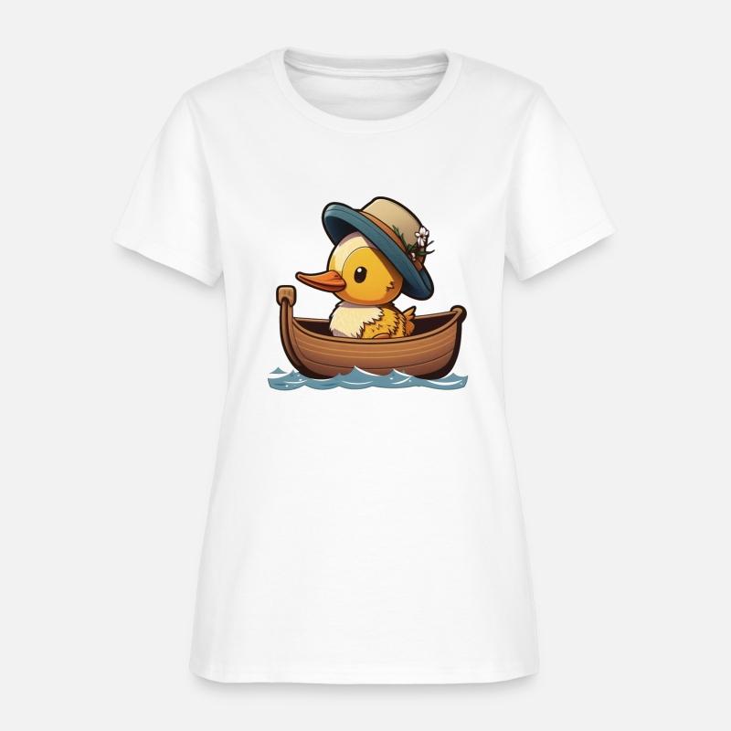 Cute duck in a rowboat with summer hat and flowers