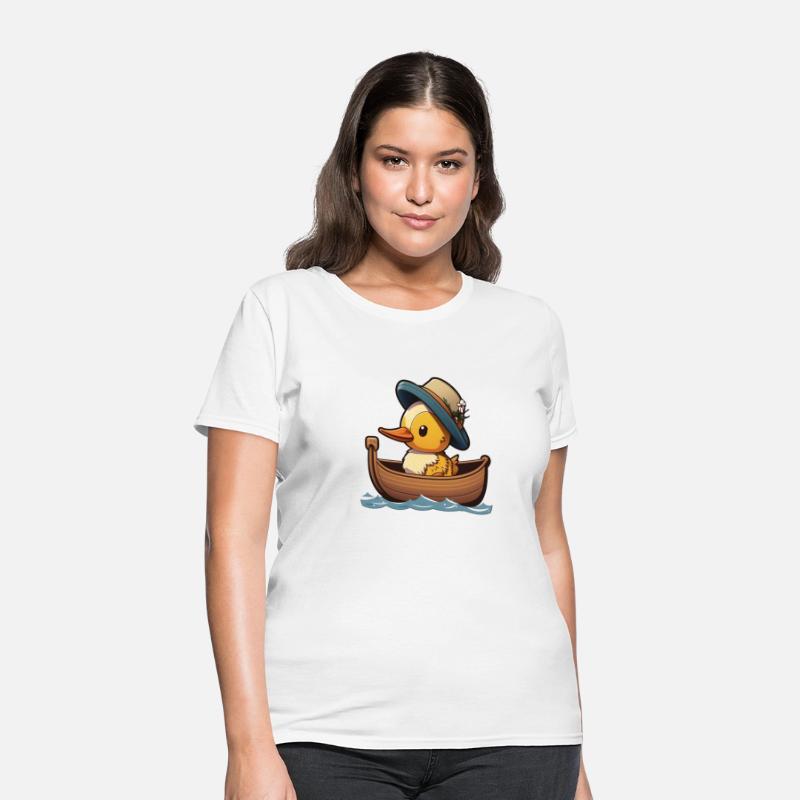 Cute duck in a rowboat with summer hat and flowers