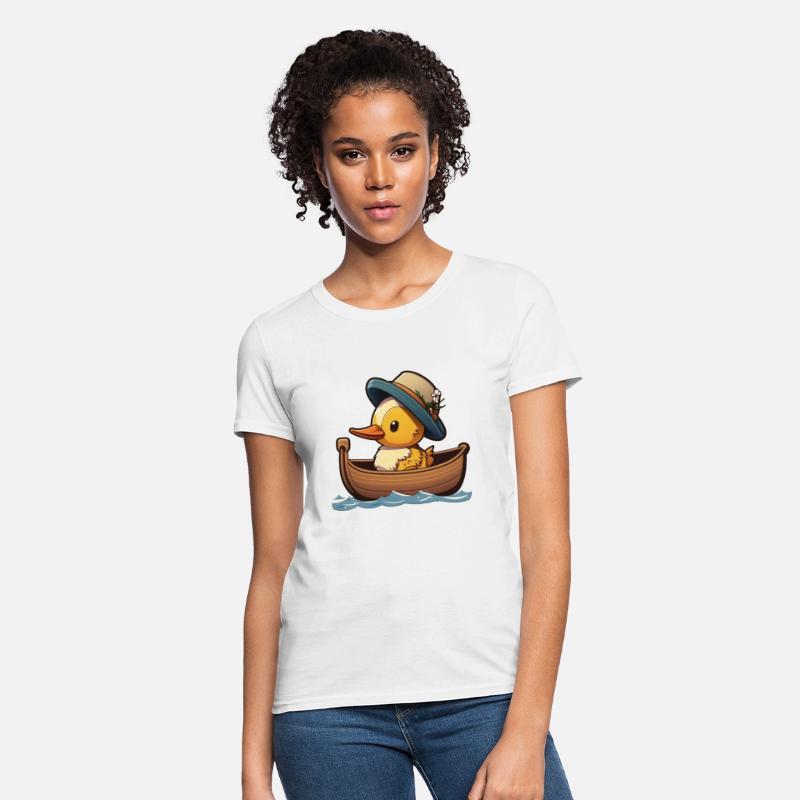 Cute duck in a rowboat with summer hat and flowers