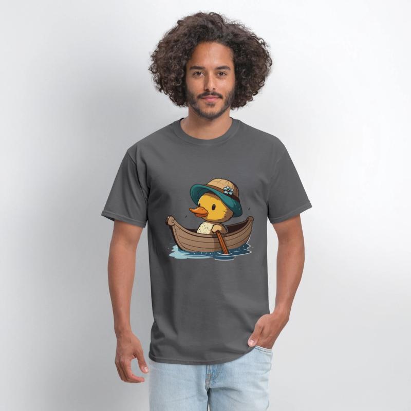 Cute duck in rowboat with summer hat and flower