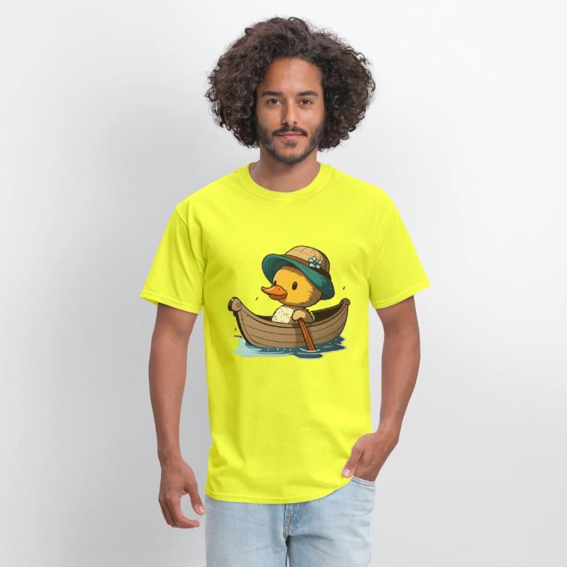 Cute duck in rowboat with summer hat and flower