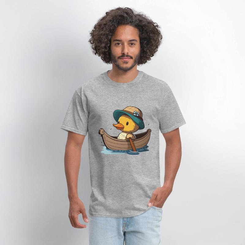 Cute duck in rowboat with summer hat and flower