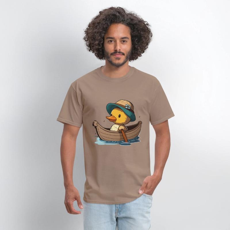Cute duck in rowboat with summer hat and flower