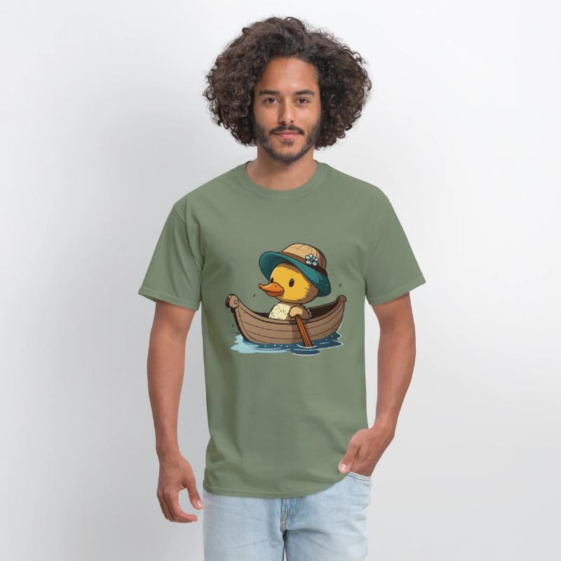 Cute duck in rowboat with summer hat and flower