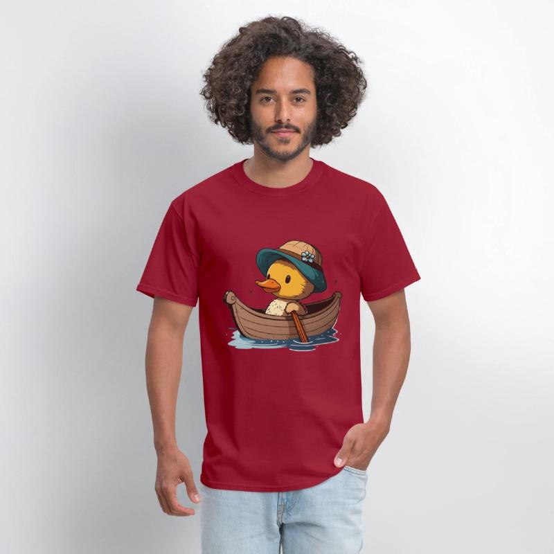 Cute duck in rowboat with summer hat and flower
