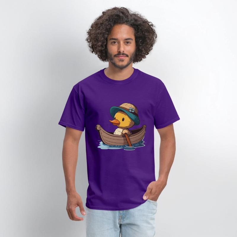 Cute duck in rowboat with summer hat and flower