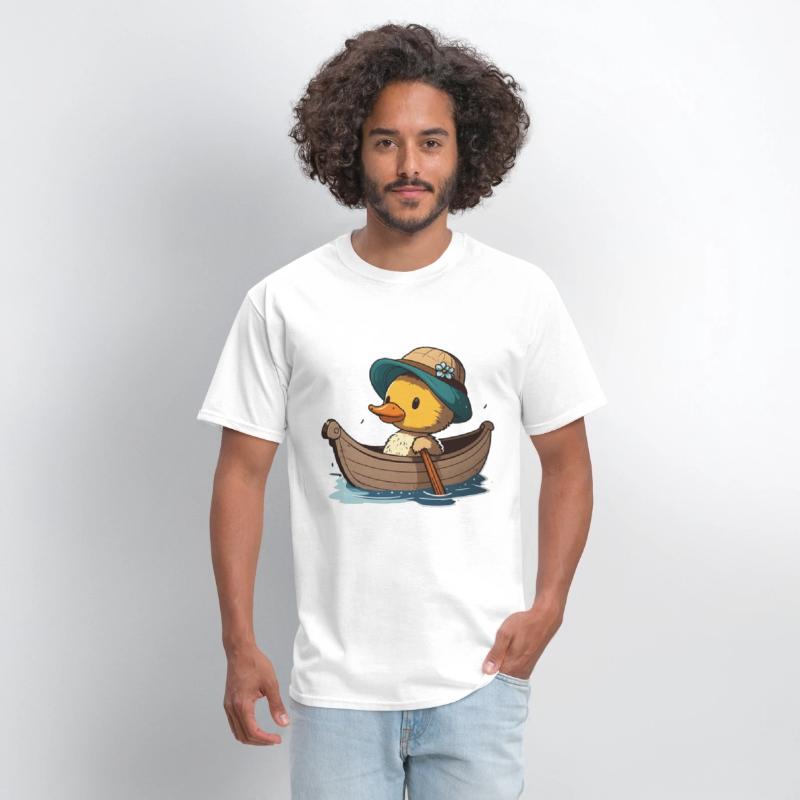 Cute duck in rowboat with summer hat and flower