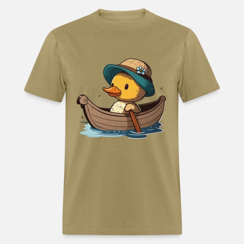 Cute duck in rowboat with summer hat and flower