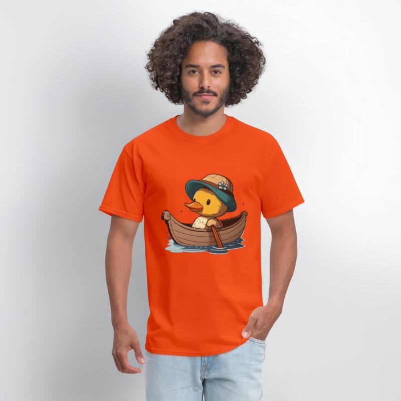 Cute duck in rowboat with summer hat and flower