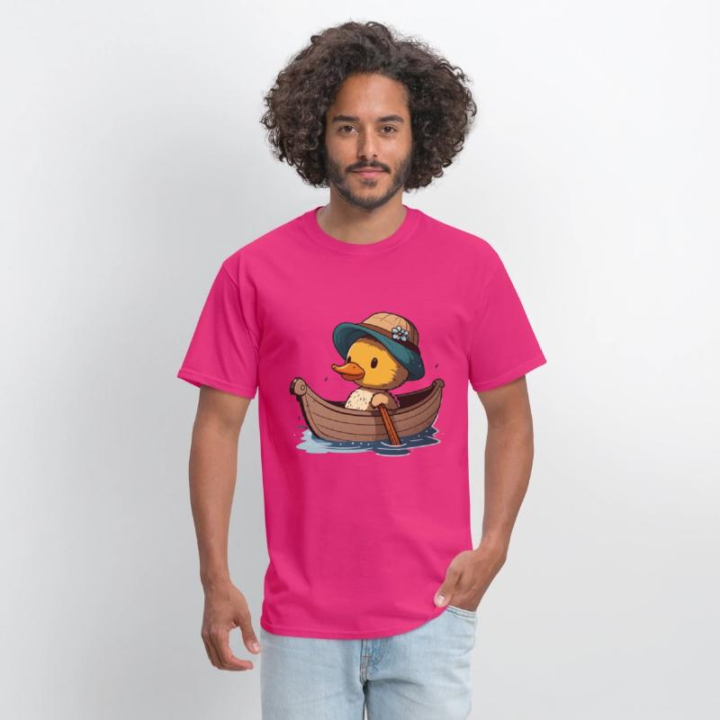 Cute duck in rowboat with summer hat and flower
