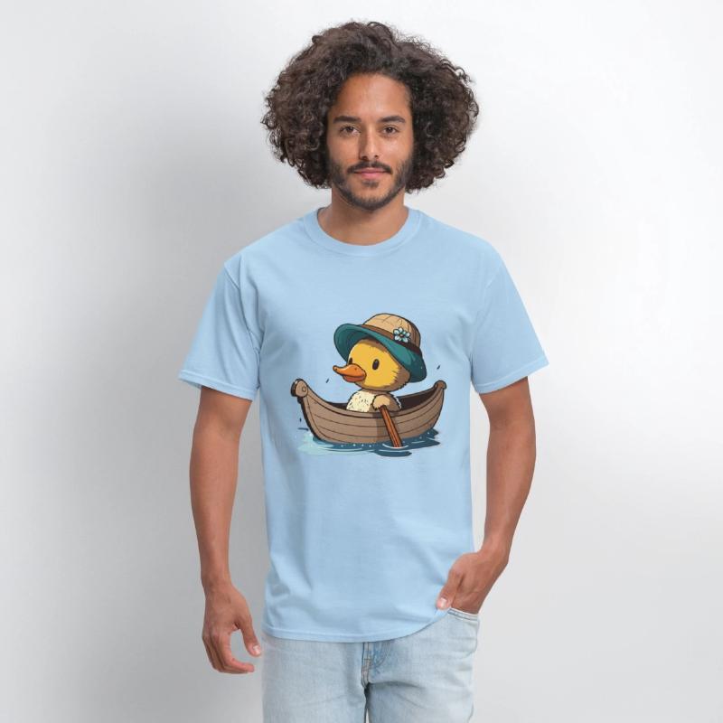 Cute duck in rowboat with summer hat and flower