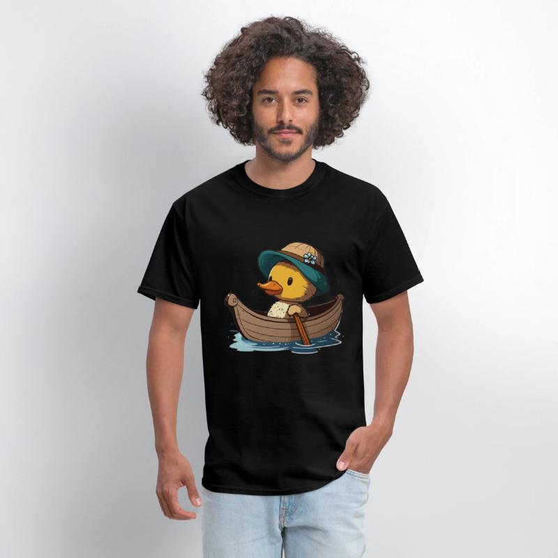Cute duck in rowboat with summer hat and flower