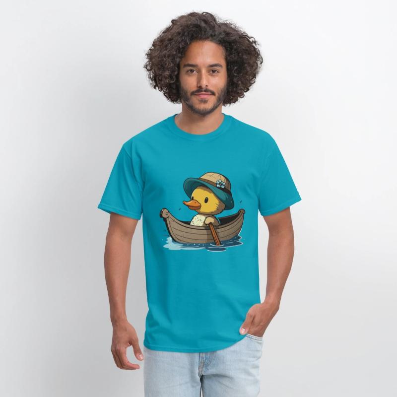 Cute duck in rowboat with summer hat and flower