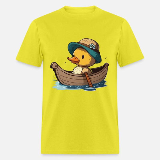 Cute duck in rowboat with summer hat and flower
