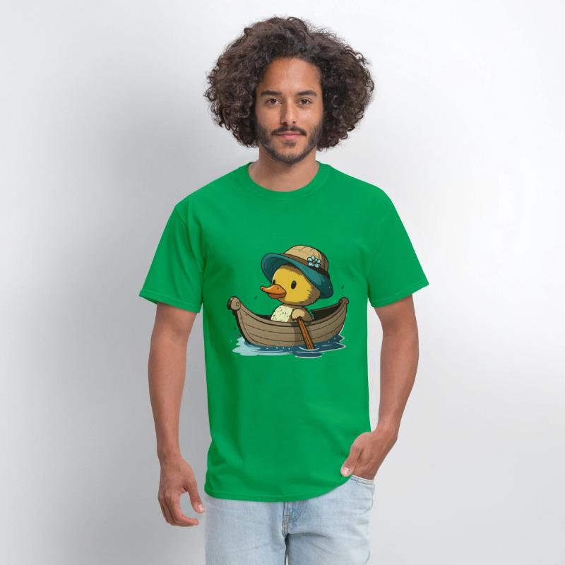 Cute duck in rowboat with summer hat and flower