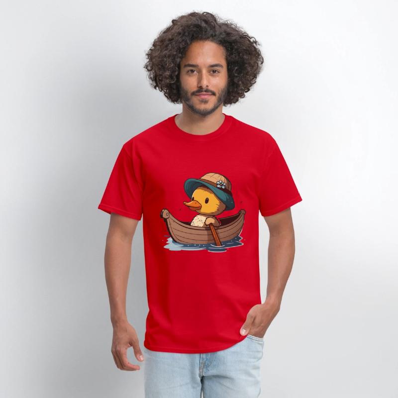 Cute duck in rowboat with summer hat and flower