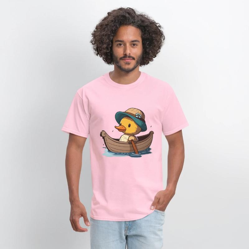 Cute duck in rowboat with summer hat and flower