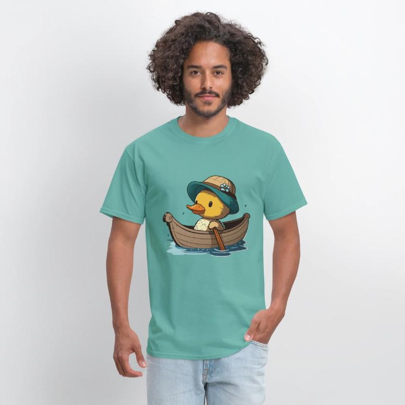 Cute duck in rowboat with summer hat and flower