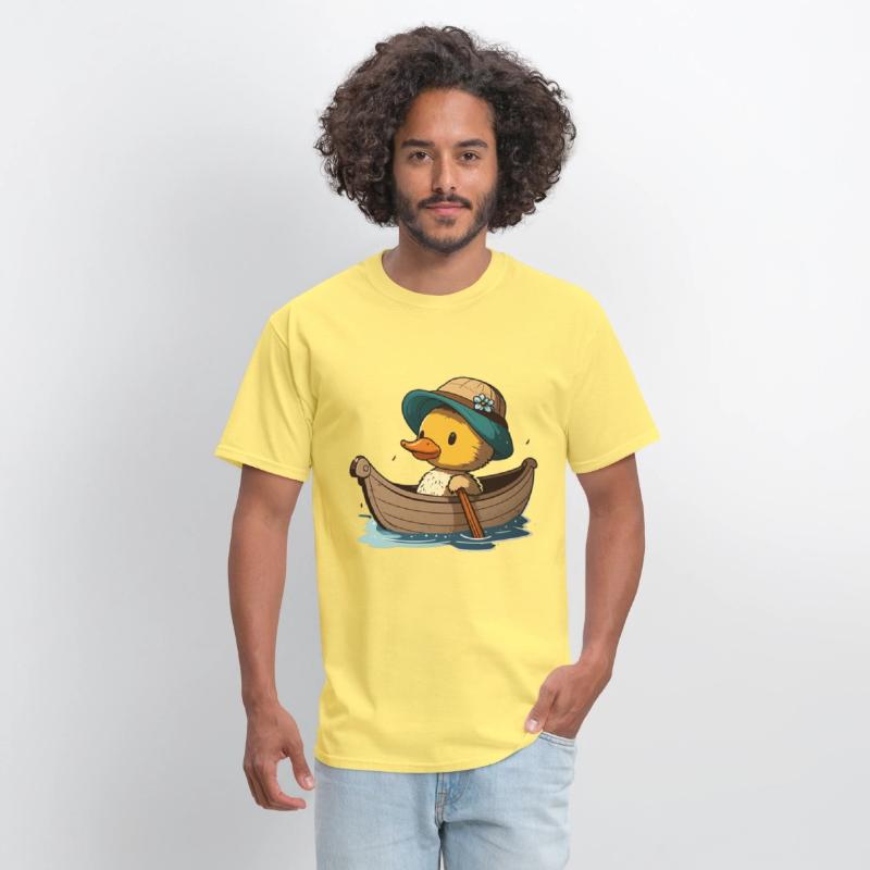 Cute duck in rowboat with summer hat and flower