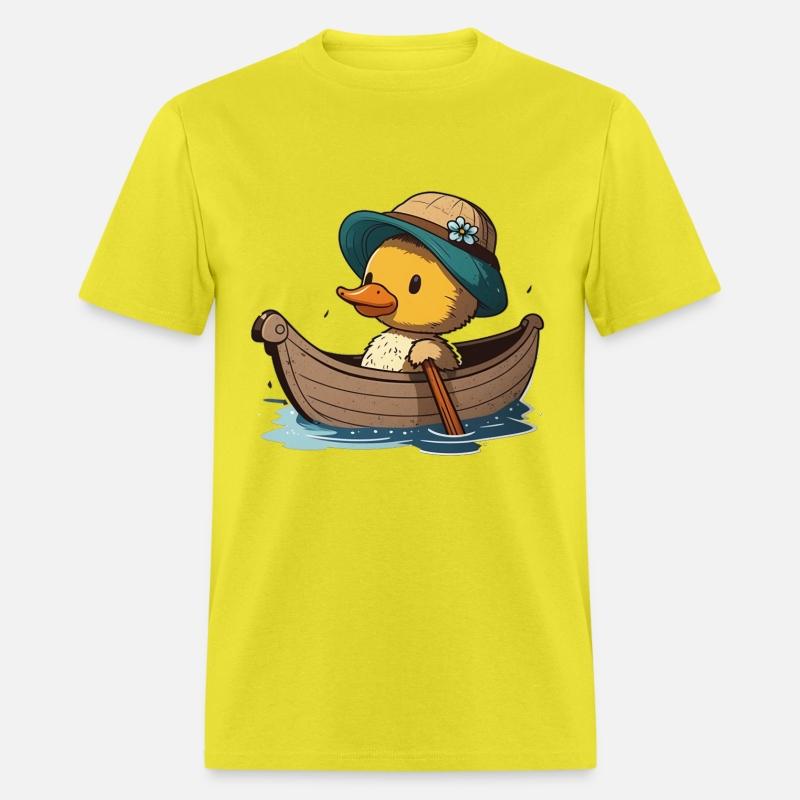 Cute duck in rowboat with summer hat and flower