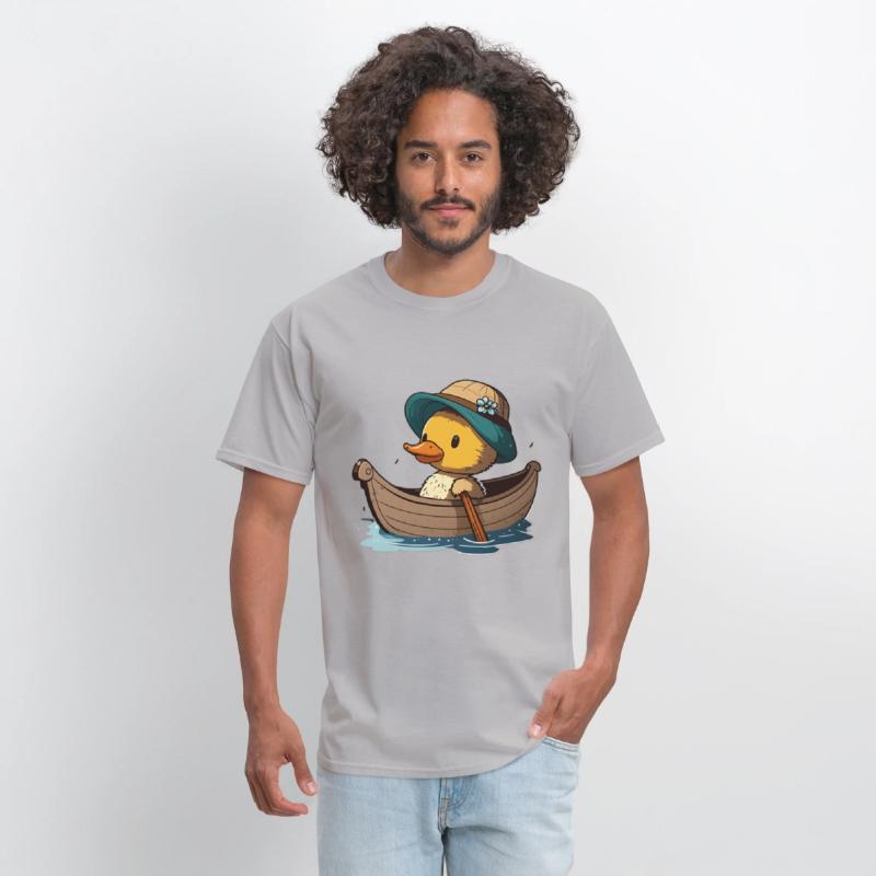 Cute duck in rowboat with summer hat and flower