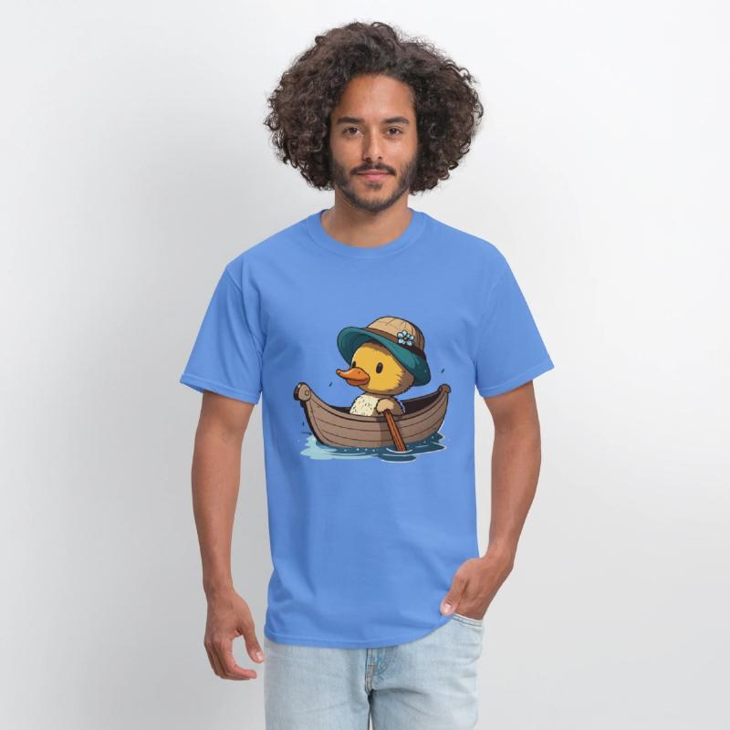 Cute duck in rowboat with summer hat and flower