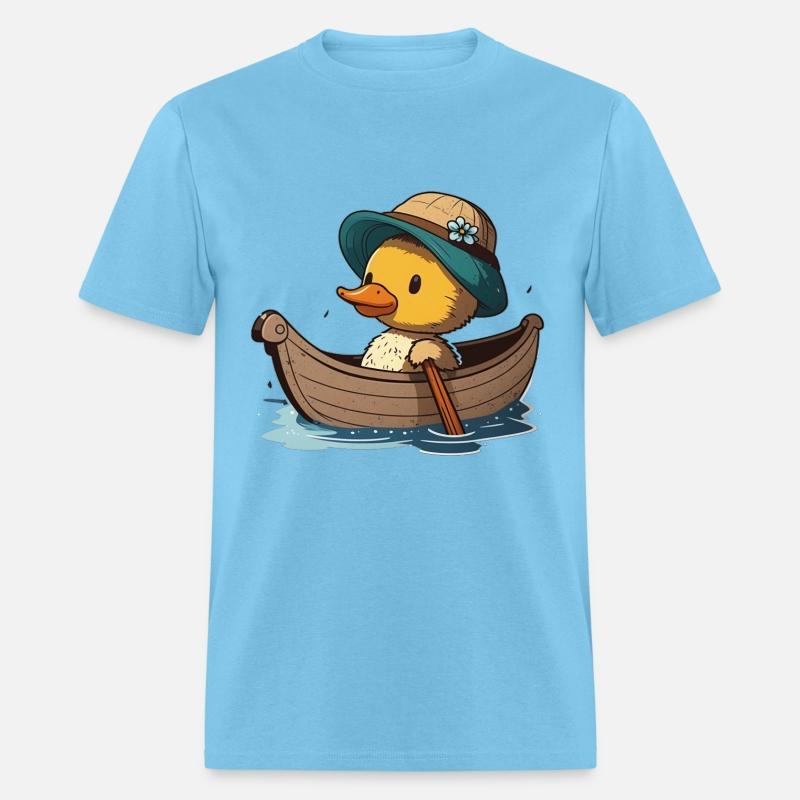 Cute duck in rowboat with summer hat and flower