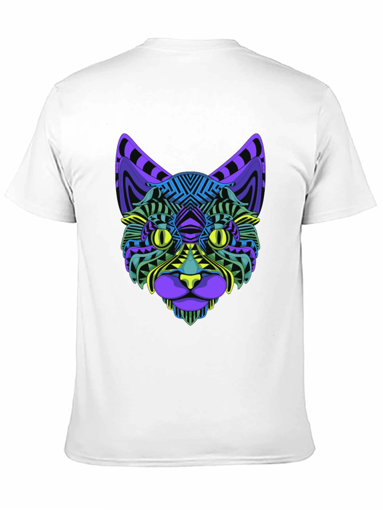 Vibrant Geometric Cat Face Graphic Black T-Shirt
