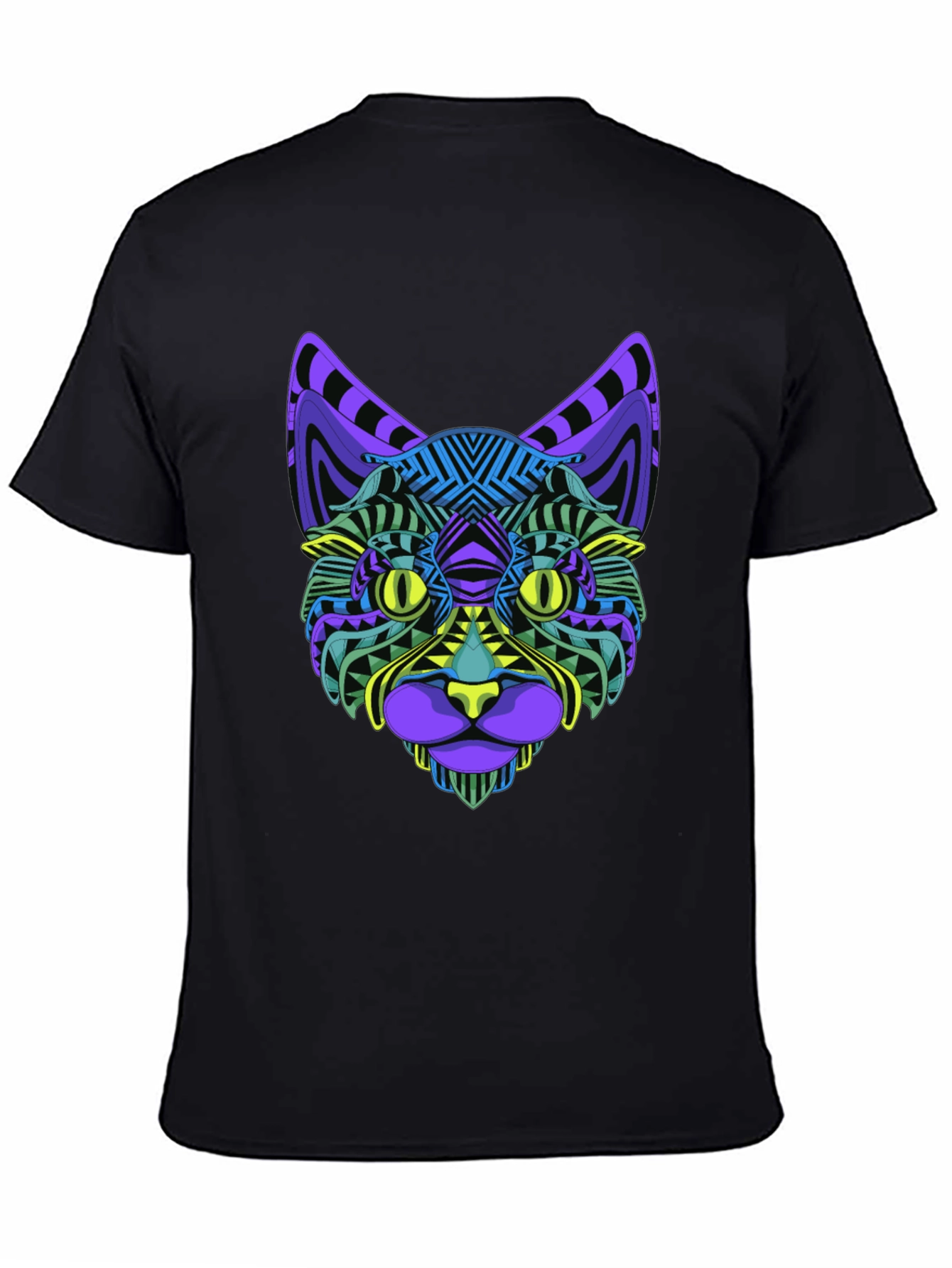 Vibrant Geometric Cat Face Graphic Black T-Shirt