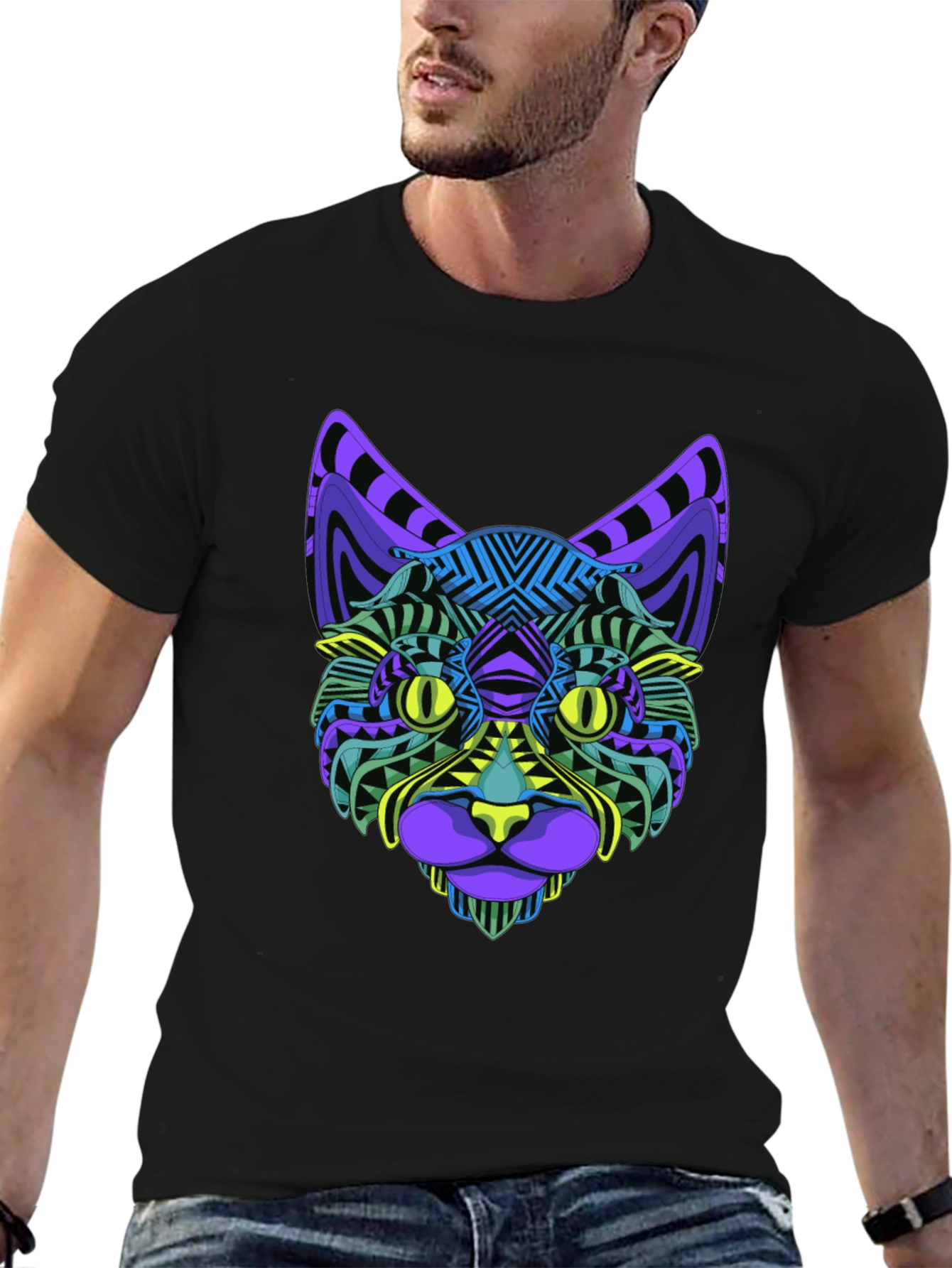 Vibrant Geometric Cat Face Graphic Black T-Shirt