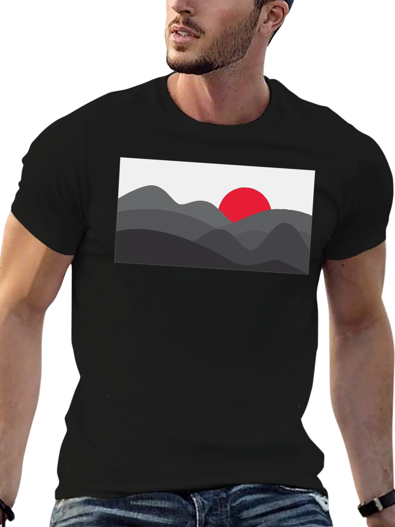Mens Black Graphic Tee - Mountain Sunset Design