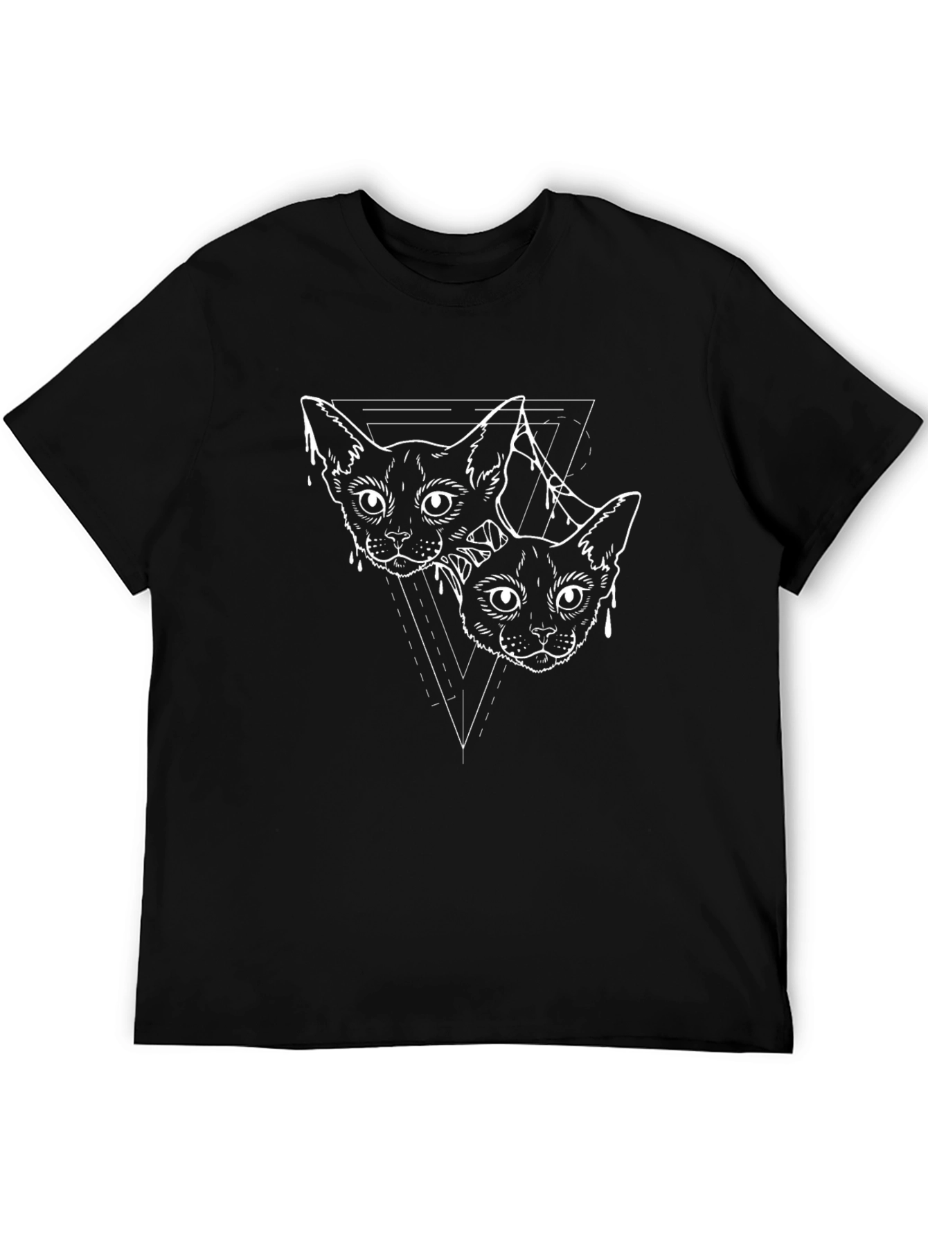 Geometric Cats Graphic Tee - Black Cotton Casual Shirt