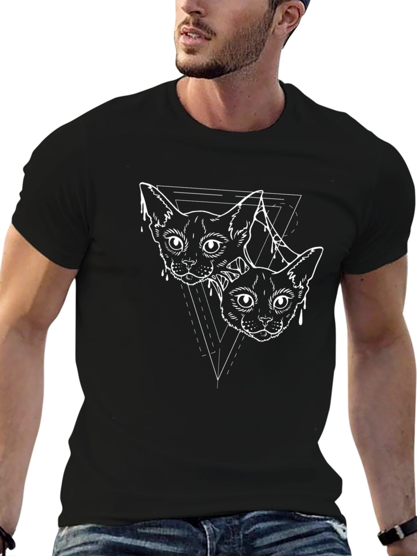 Geometric Cats Graphic Tee - Black Cotton Casual Shirt